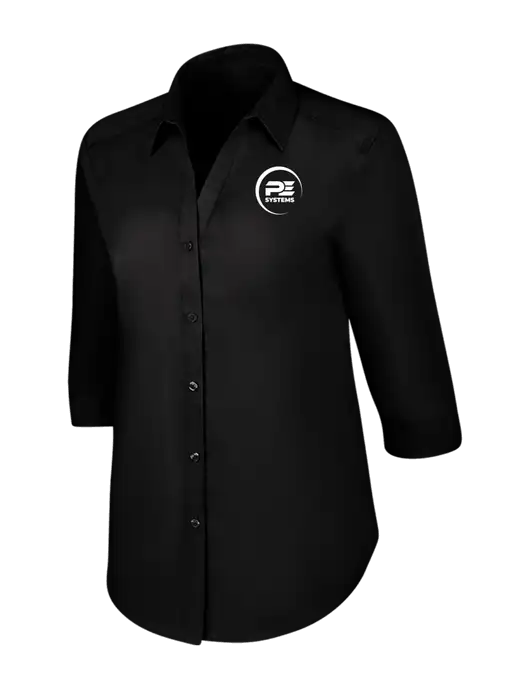 Womens Black 3/4 Sleeve Carefree Poplin Shirt w/PE Systems Logo
