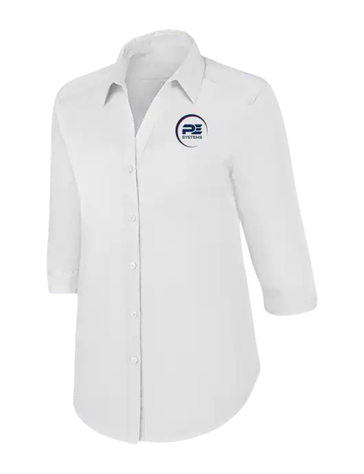 Womens White 3/4 Sleeve Carefree Poplin Shirt w/PE Systems Logo