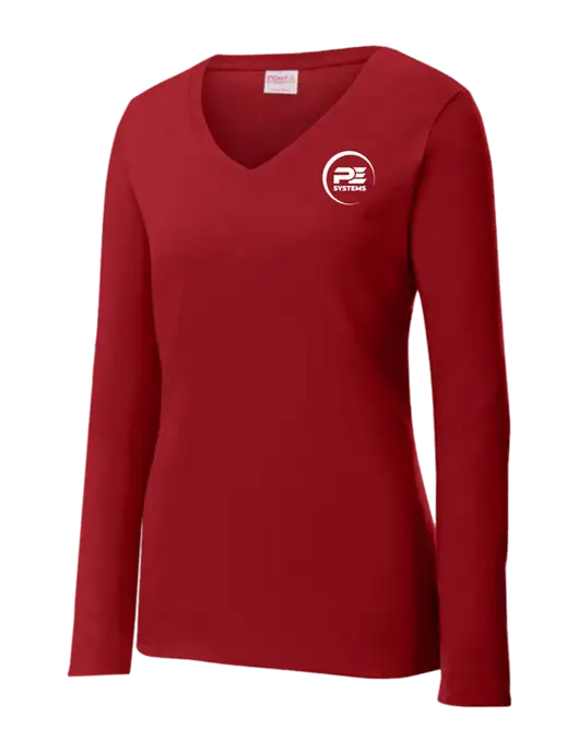 Womens V-Neck Ring Spun Cardinal 4.5 oz Long Sleeve T-Shirt w/PE Systems Logo