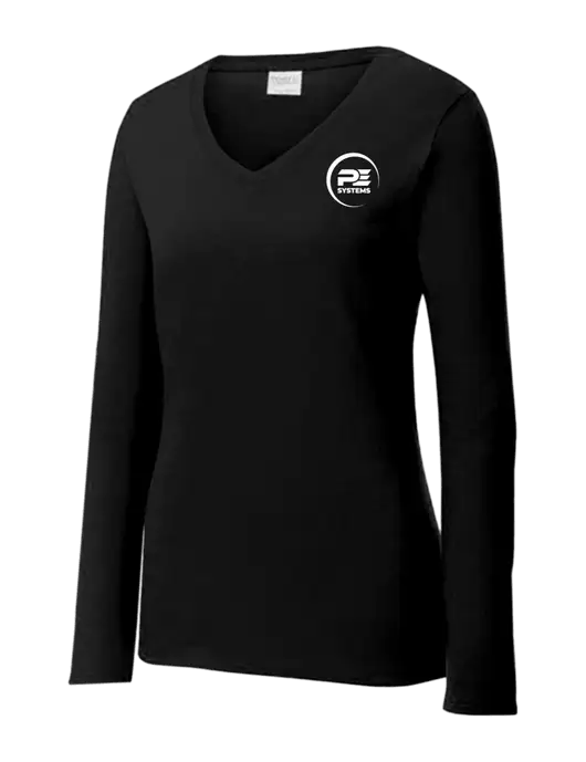 Womens V-Neck Ring Spun Jet Black 4.5 oz Long Sleeve T-Shirt w/PE Systems Logo