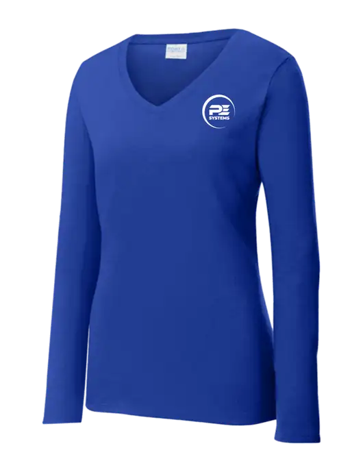 Womens  V-Neck Ring Spun Royal 4.5 oz Long Sleeve T-Shirt w/PE Systems Logo