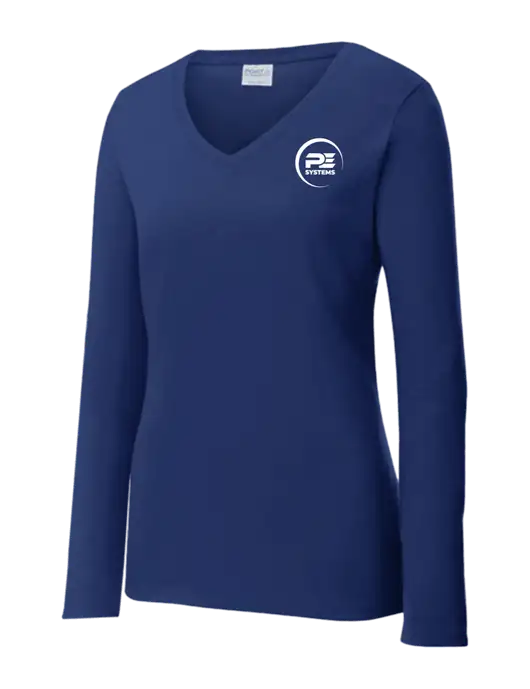 Womens  V-Neck Ring Spun Navy 4.5 oz Long Sleeve T-Shirt w/PE Systems Logo