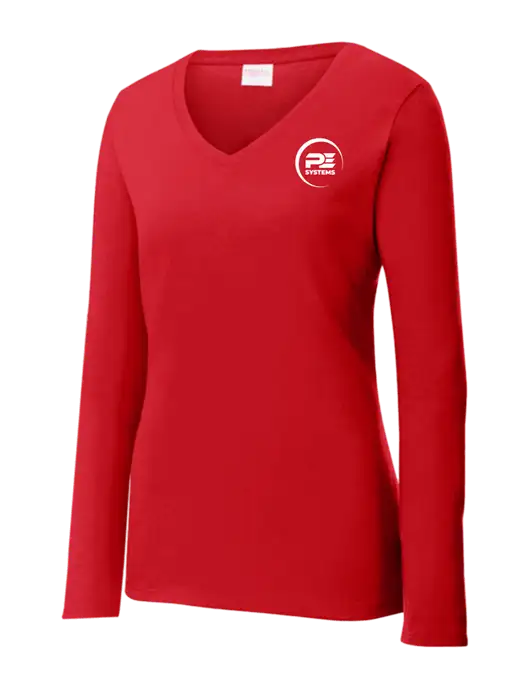Womens  V-Neck Ring Spun Bright Red 4.5 oz Long Sleeve T-Shirt w/PE Systems Logo