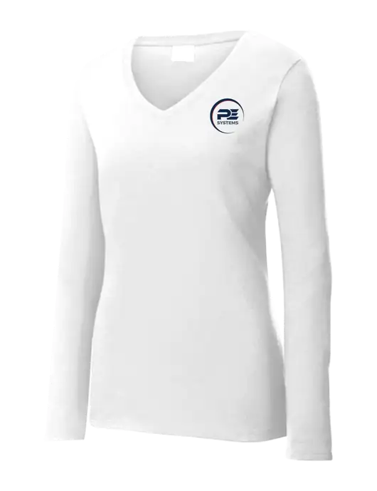 Womens  V-Neck Ring Spun White 4.5 oz Long Sleeve T-Shirt w/PE Systems Logo