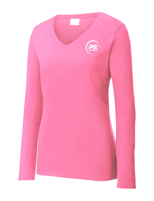 Womens  V-Neck Ring Spun Pink 4.5 oz Long Sleeve T-Shirt w/PE Systems Logo