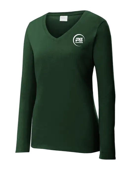 Womens  V-Neck Ring Spun Forest Green 4.5 oz Long Sleeve T-Shirt w/PE Systems Logo