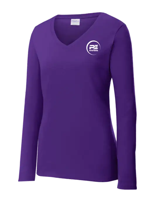 Womens  V-Neck Ring Spun Purple 4.5 oz Long Sleeve T-Shirt w/PE Systems Logo