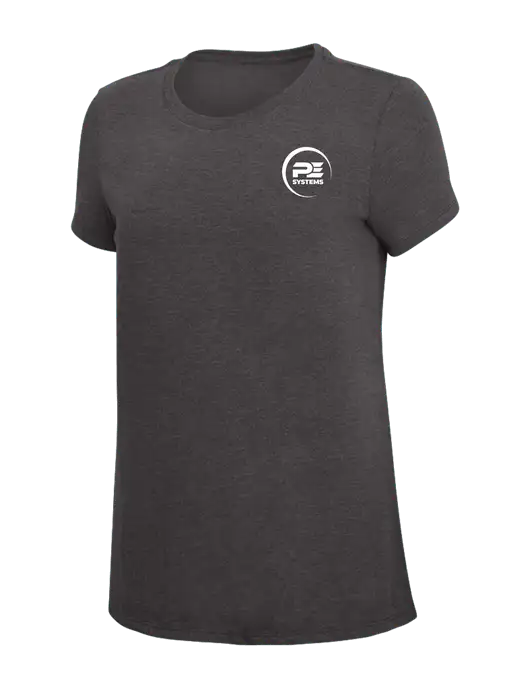 Womens Simply Soft Heather Charcoal 4.5oz  Poly/Combed Ring Spun Cotton T-Shirt w/PE Systems Logo