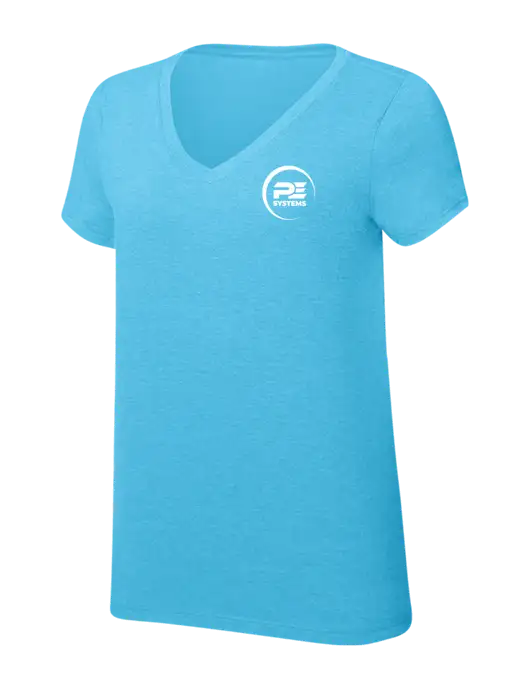 Womens Simply Soft V-Neck Turquoise Frost 4.5oz  Poly/Combed Ring Spun Cotton T-Shirt w/PE Systems Logo