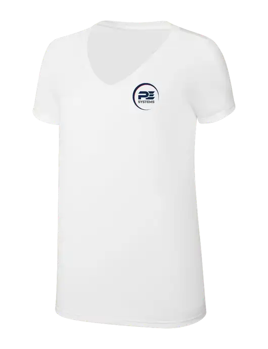 Womens Simply Soft V-Neck White 4.5oz  Poly/Combed Ring Spun Cotton T-Shirt w/PE Systems Logo