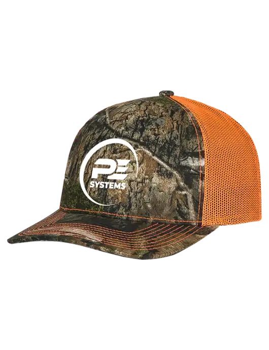 Mossy Oak Country DNA Camo/Orange Mesh Trucker Cap Snap Back w/PE Systems Logo