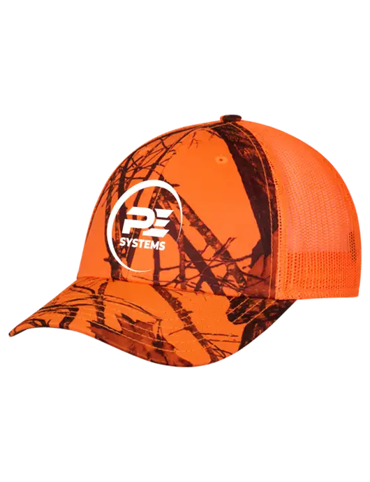Blaze/Neon Orange Mossy Oak Camo Mesh Trucker Cap Snap Back w/PE Systems Logo