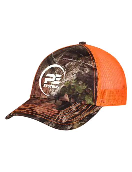 Country Orange Mossy Oak Camo Mesh Trucker Cap Snap Back w/PE Systems Logo