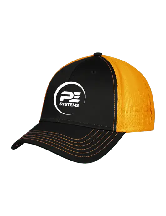 Black/Black/Gold Mesh Gold Stitching on Bill Trucker Cap Snap Back

 w/PE Systems Logo