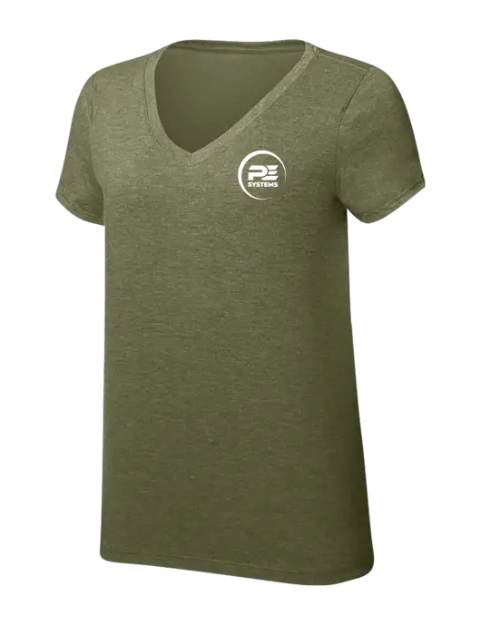 Womens Simply Soft V-Neck Military Green Frost 4.5oz  Poly/Combed Ring Spun Cotton T-Shirt w/PE Systems Logo