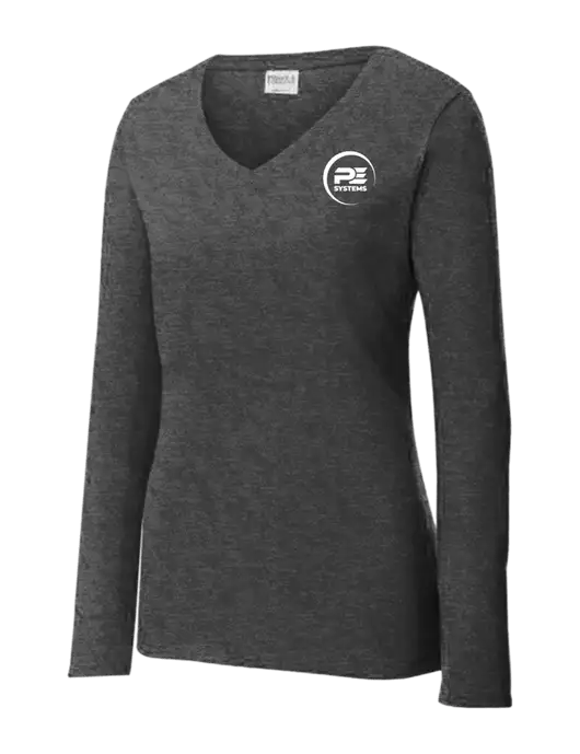 Womens  V-Neck Ring Spun Dark Heather Grey 4.5 oz Long Sleeve T-Shirt w/PE Systems Logo