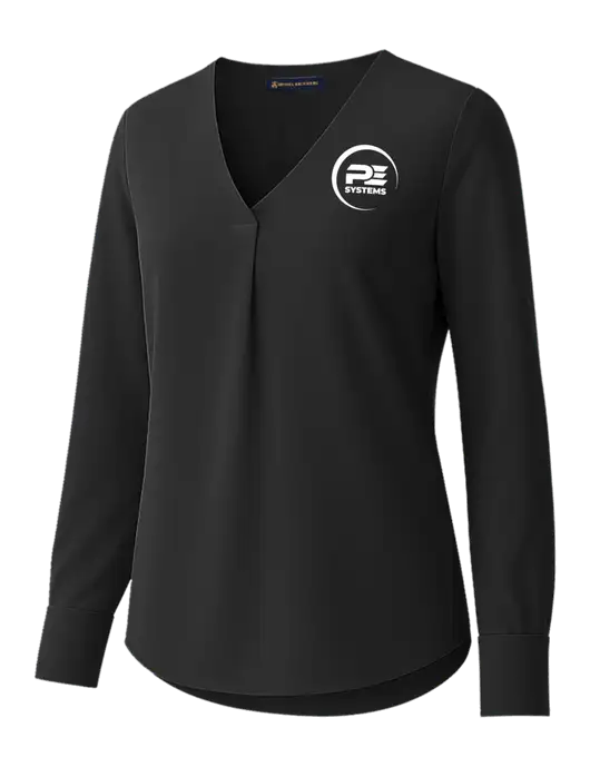 Brooks Brothers Womens Black Open-Neck Satin Blouse  w/PE Systems Logo