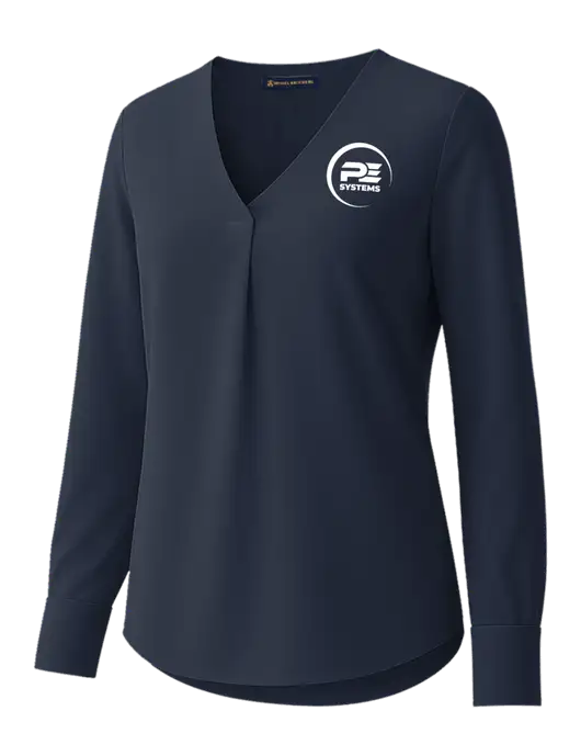Brooks Brothers Womens Dark Navy Open-Neck Satin Blouse  w/PE Systems Logo