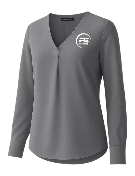 Brooks Brothers Womens Medium Grey Open-Neck Satin Blouse  w/PE Systems Logo