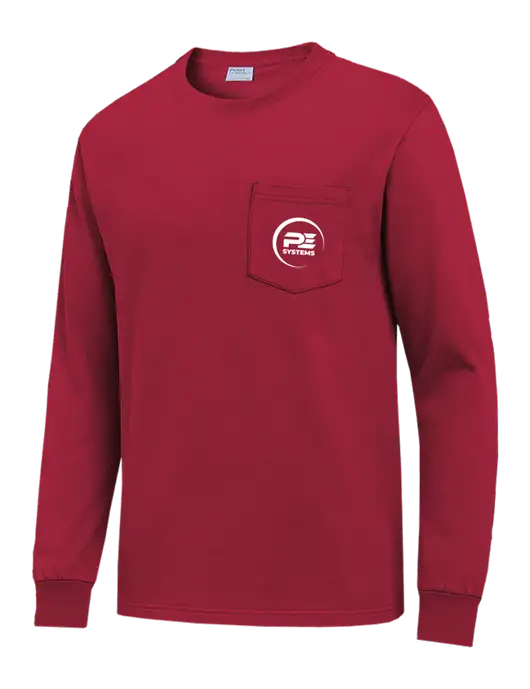 Red Long Sleeve Heavyweight 6.1 oz Pocket T-Shirt w/PE Systems Logo
