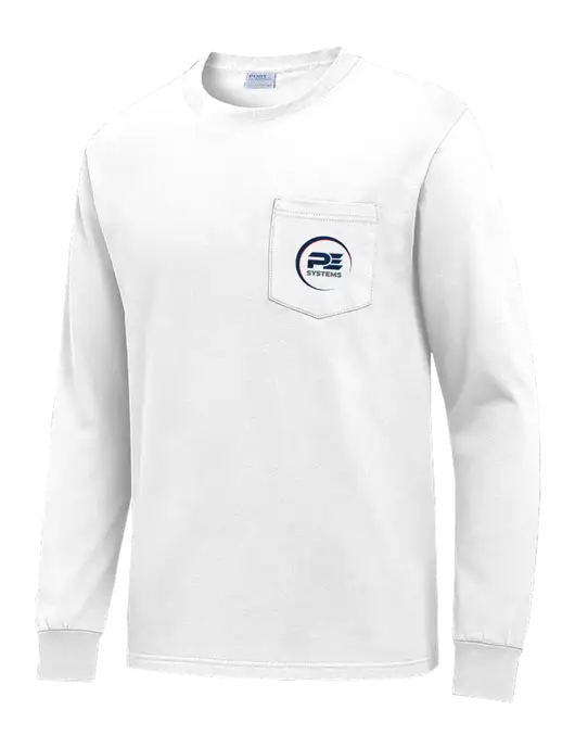 White Long Sleeve Heavyweight 6.1 oz Pocket T-Shirt w/PE Systems Logo