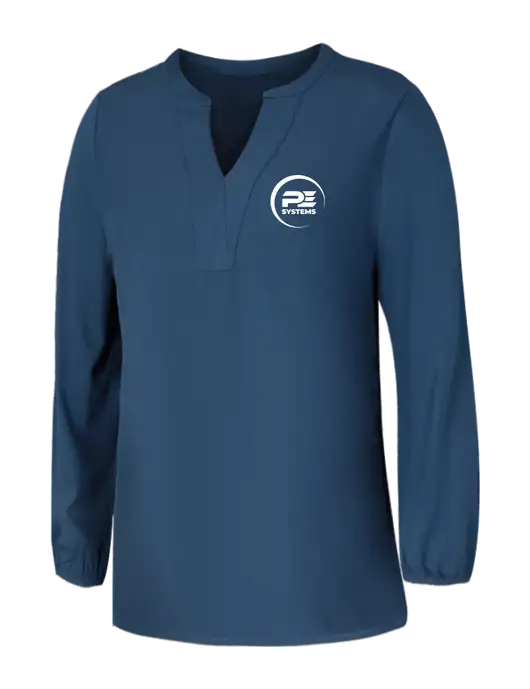 Mercer+Mettle Womens Light Navy Blue Grey Stretch Crepe 3/4 Sleeve Blouse w/PE Systems Logo