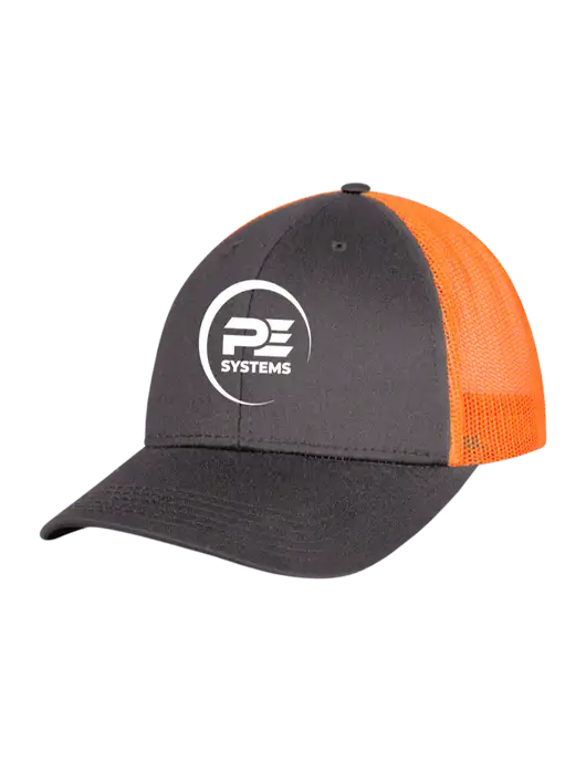 Neon Orange/Charcoal Mesh Trucker Cap Snap Back w/PE Systems Logo