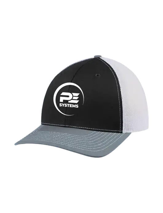 Richardson Adjustable Snapback Original 112 Trucker Cap Black/Light Heather Grey/White Mesh w/PE Systems Logo