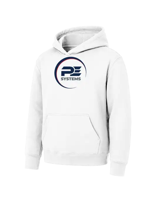 Youth White 7.8 oz Pullover Hooded Sweatshirt w/PE Systems Logo
